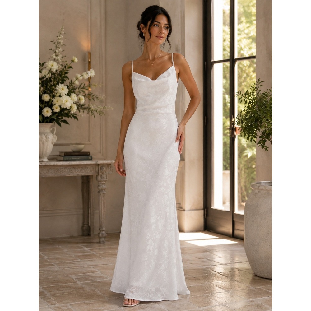 Commense White Floral Jacquard Maxi Dress Sleeveless Formal Evening Gown Size L